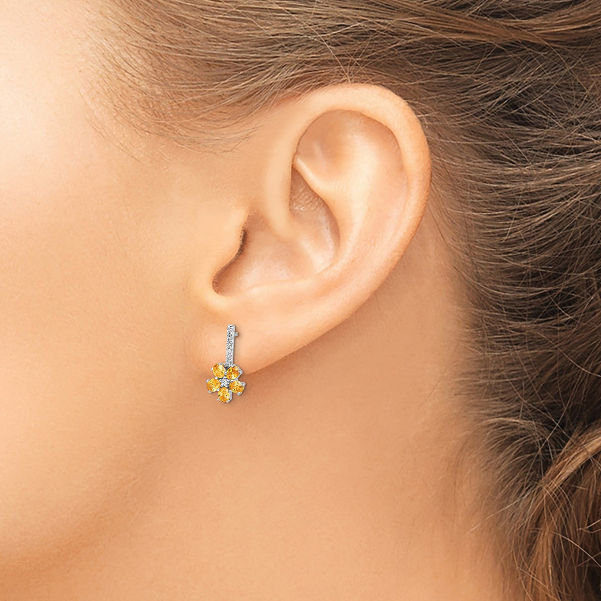 14k White Gold Floral Stud Earrings with Citrine and Diamond Accents, Dainty Daisy Design