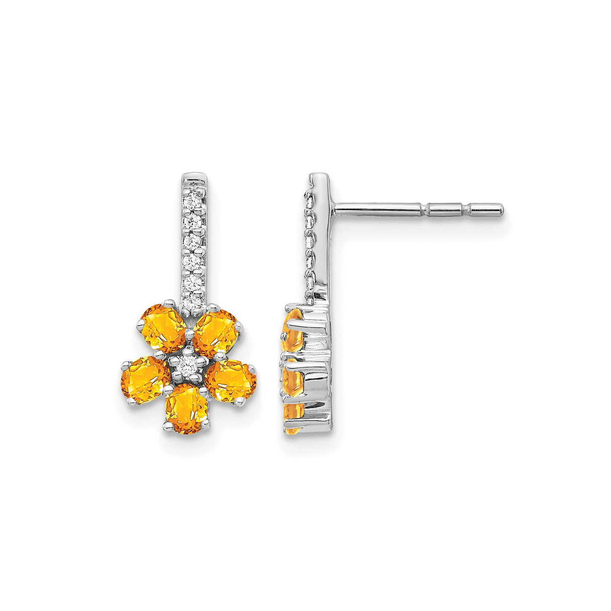 14k White Gold Floral Stud Earrings with Citrine and Diamond Accents, Dainty Daisy Design