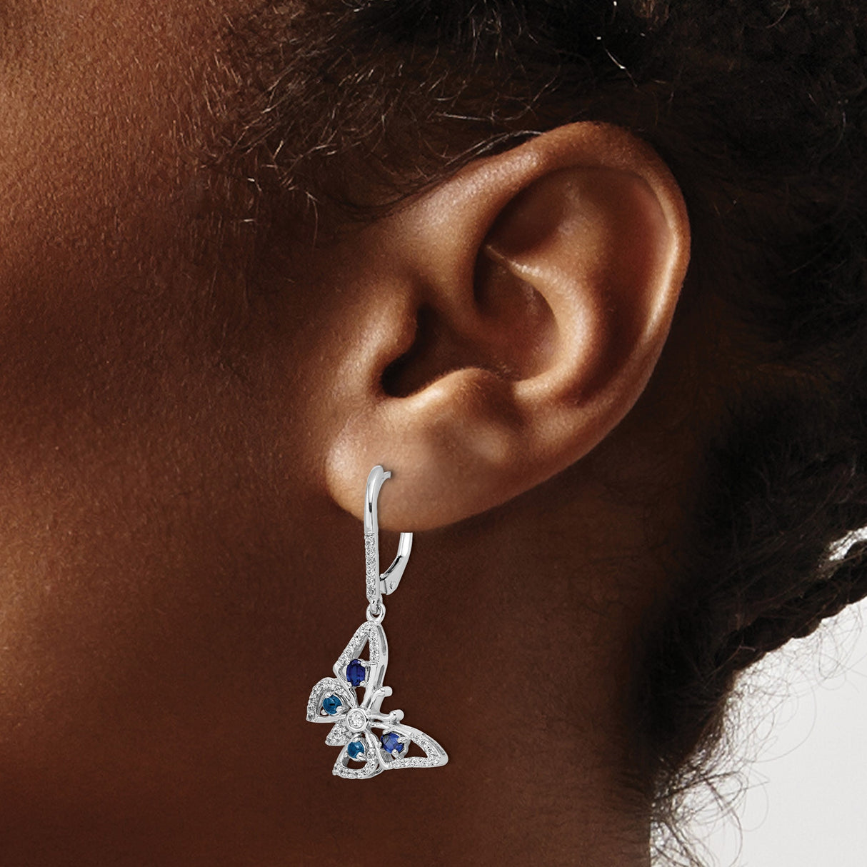 14k White Gold Butterfly Drop Earrings with Blue Sapphire and Diamond Accents