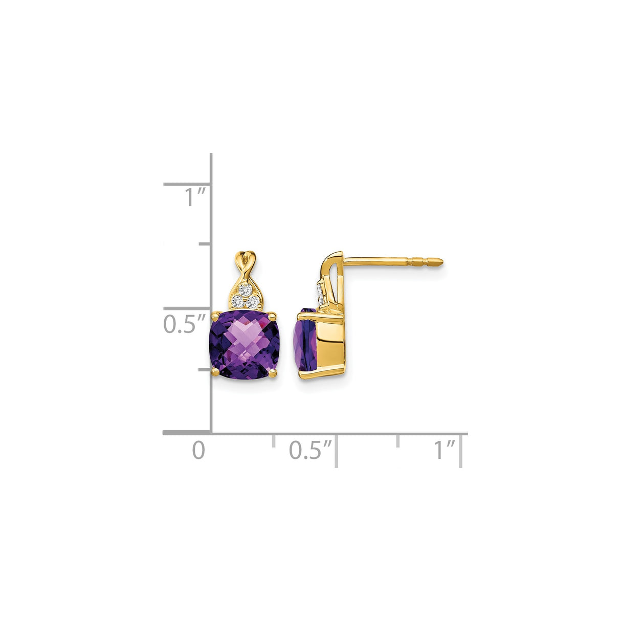 10k Yellow Gold Stud Earrings with Cushion Cut Amethyst and Diamond Accents for Women