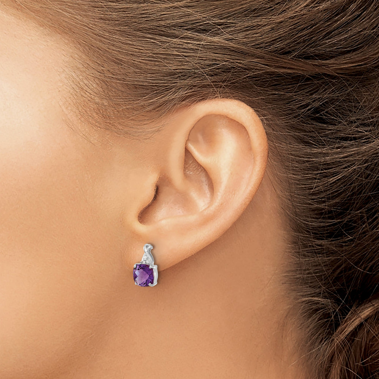 14k White Gold Stud Earrings with Cushion Cut Amethyst and Diamond Accents, Twisted Setting