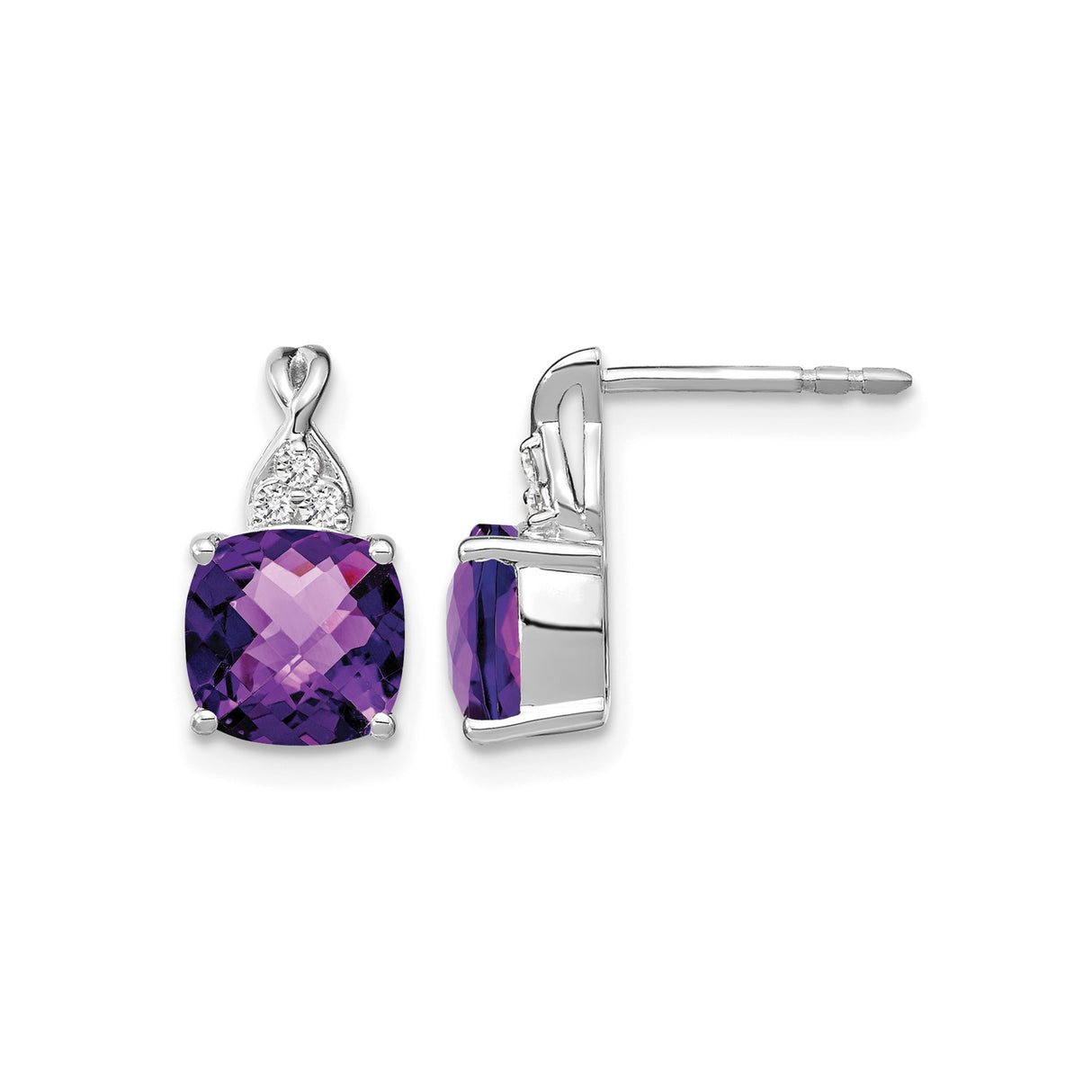 14k White Gold Stud Earrings with Cushion Cut Amethyst and Diamond Accents, Twisted Setting