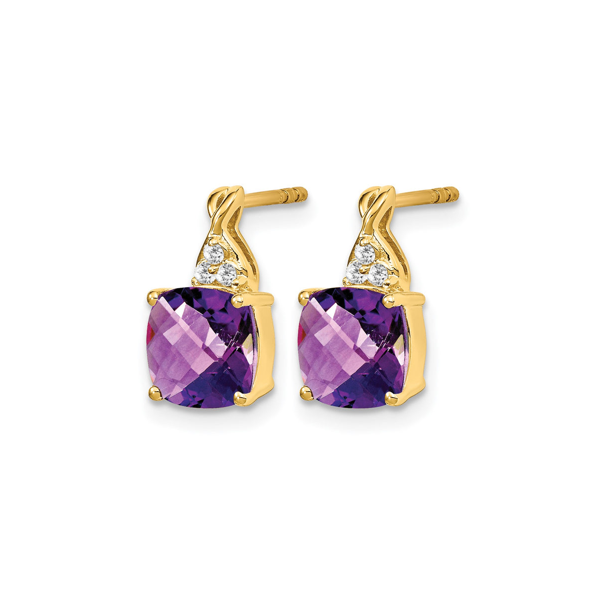 14k Yellow Gold Amethyst Stud Earrings with Cushion Cut Gemstones and Diamond Accents
