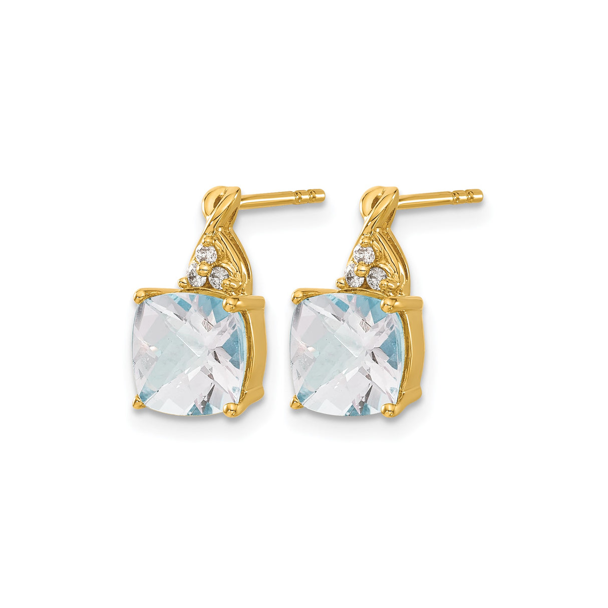 10k Yellow Gold Stud Earrings with Cushion Cut Aquamarine and Diamond Accents