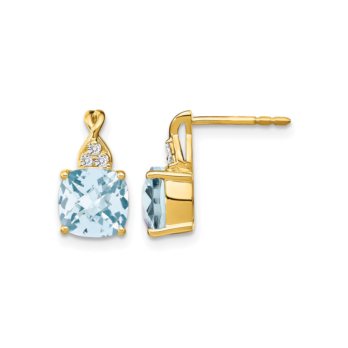 10k Yellow Gold Stud Earrings with Cushion Cut Aquamarine and Diamond Accents