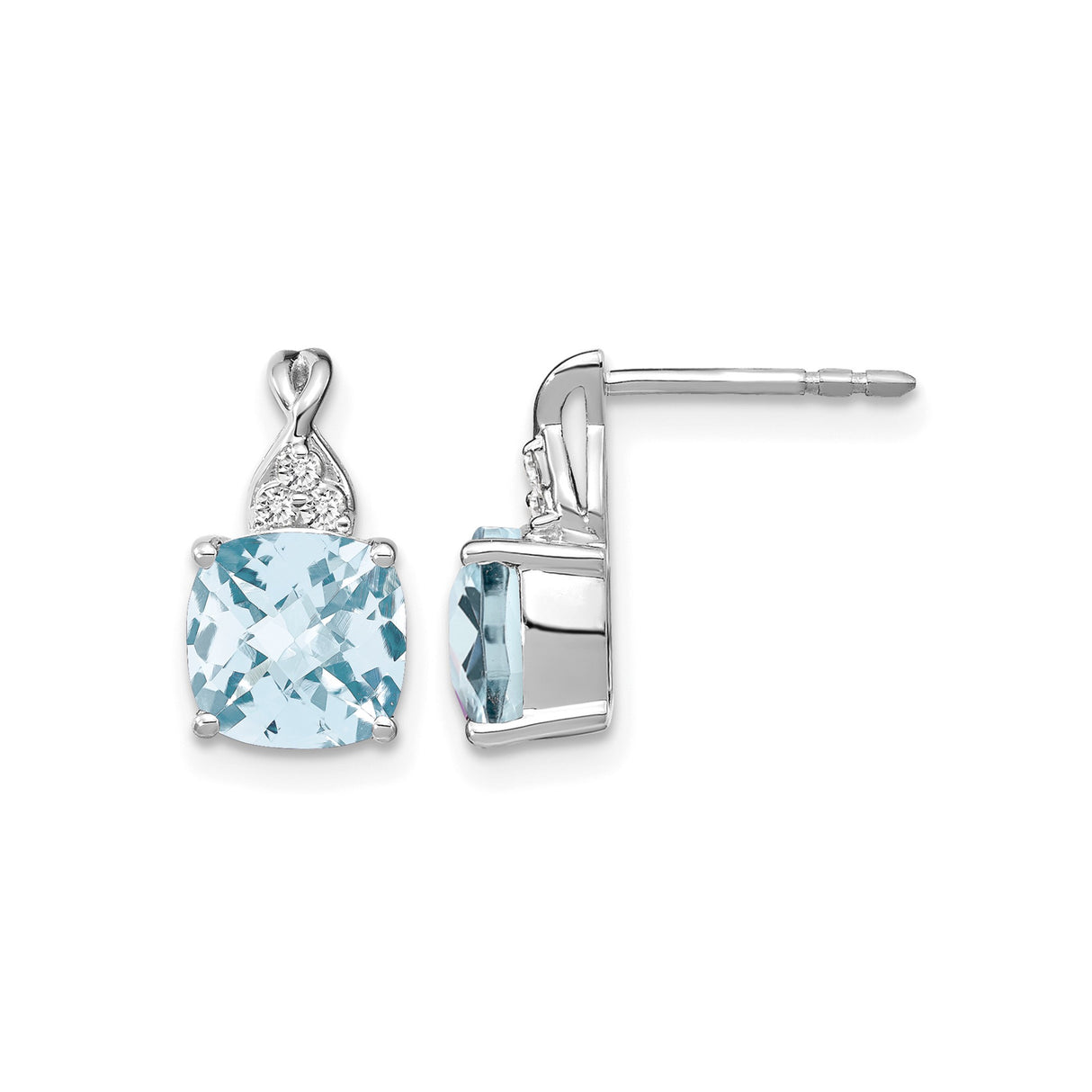14k White Gold Stud Earrings with Cushion Cut Aquamarine and Diamond Accents