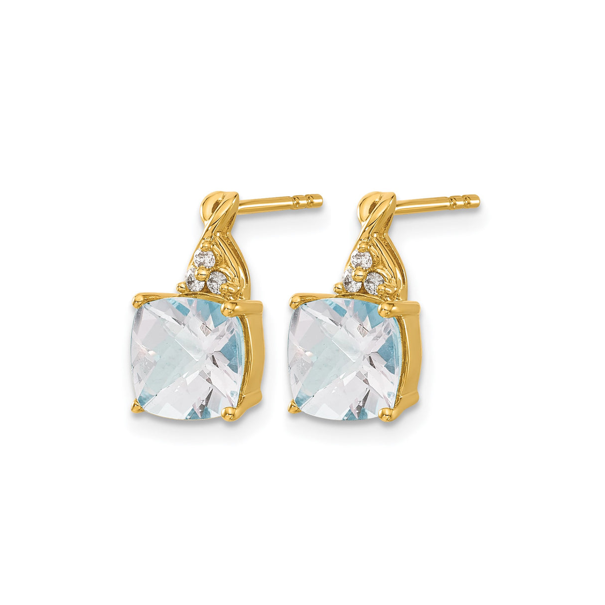 14k Yellow Gold Stud Earrings with Cushion Cut Aquamarine and Diamond Accents