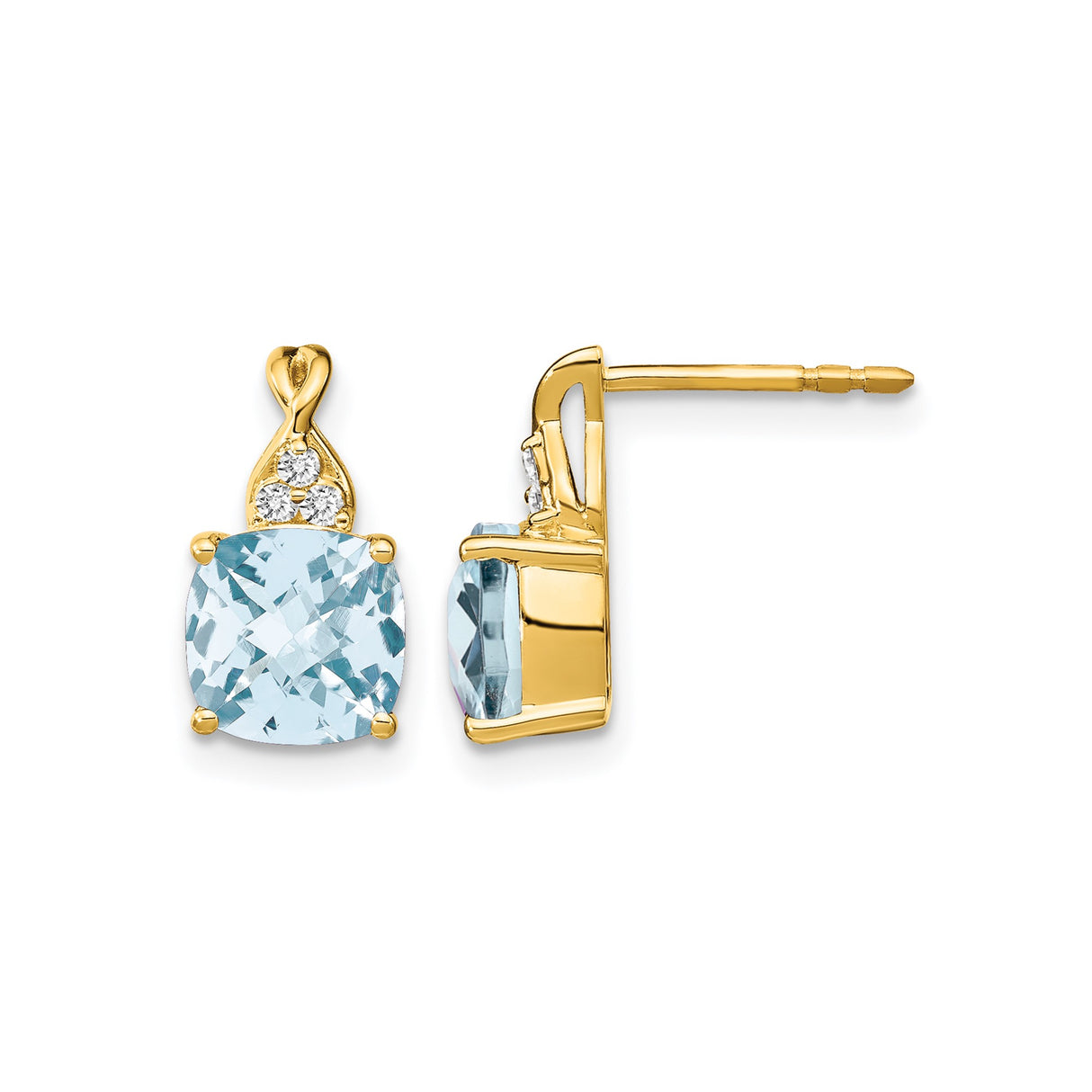 14k Yellow Gold Stud Earrings with Cushion Cut Aquamarine and Diamond Accents