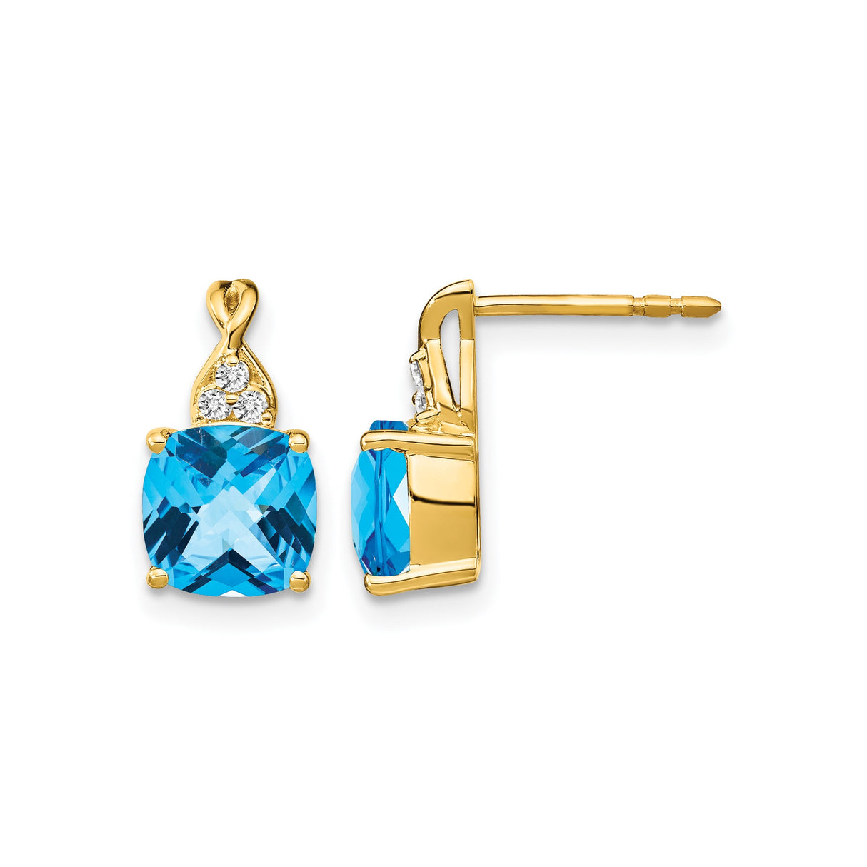 10k Yellow Gold Blue Topaz and Diamond Stud Earrings, Cushion Cut, Prong Set, Polished Finish