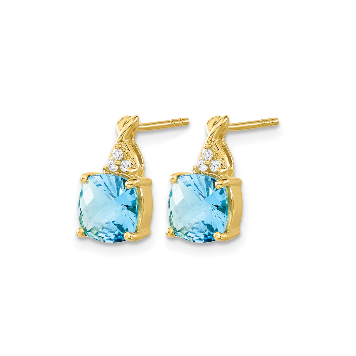 14k Yellow Gold Stud Earrings with Swiss Blue Topaz and Diamond Accents, Twisted Detail, 6mm