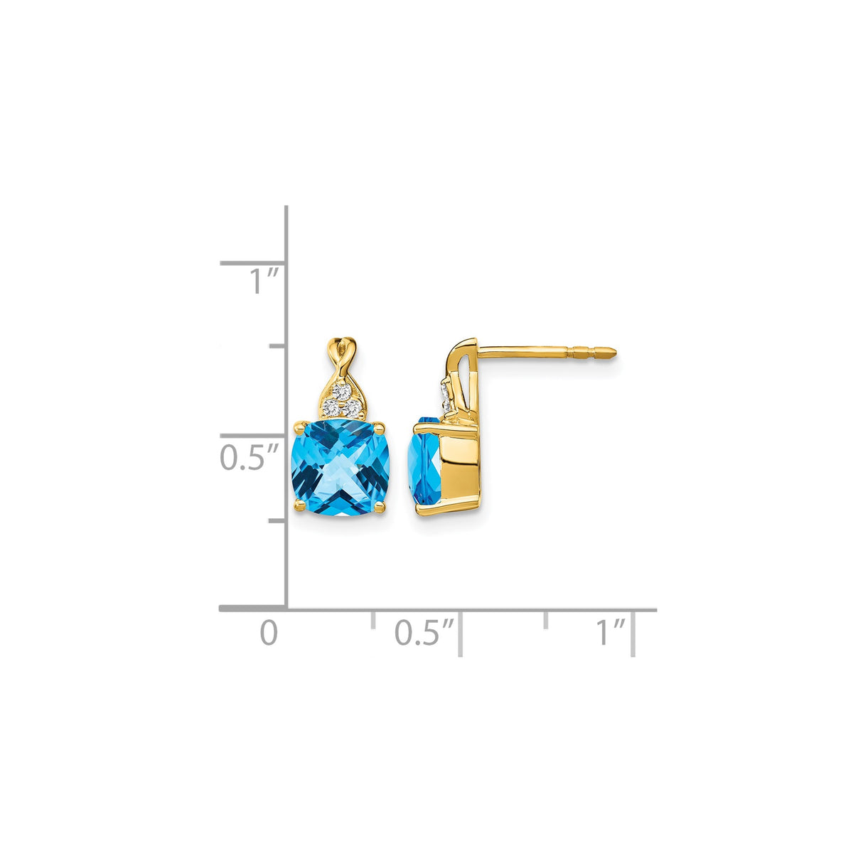 14k Yellow Gold Stud Earrings with Swiss Blue Topaz and Diamond Accents, Twisted Detail, 6mm
