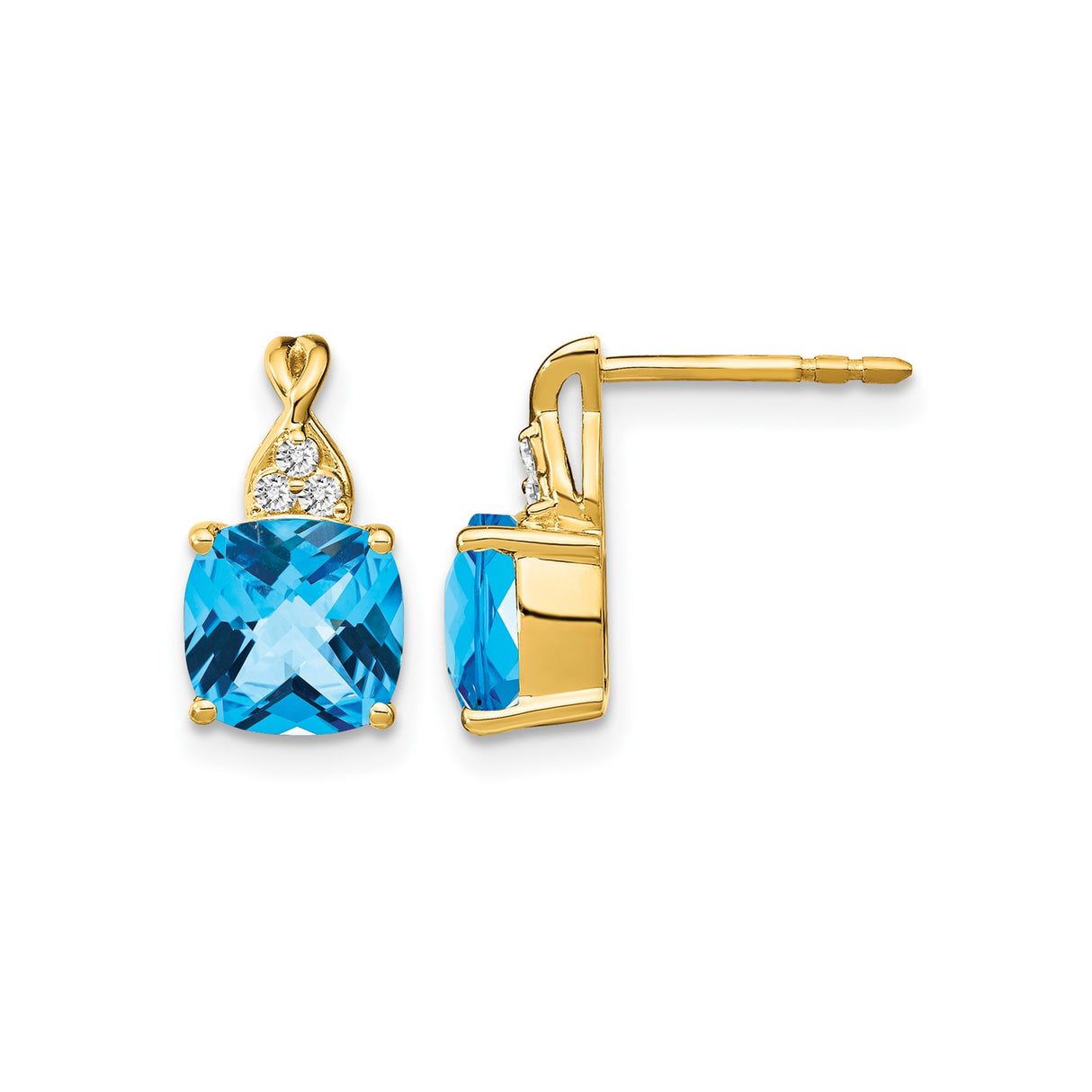 14k Yellow Gold Stud Earrings with Swiss Blue Topaz and Diamond Accents, Twisted Detail, 6mm