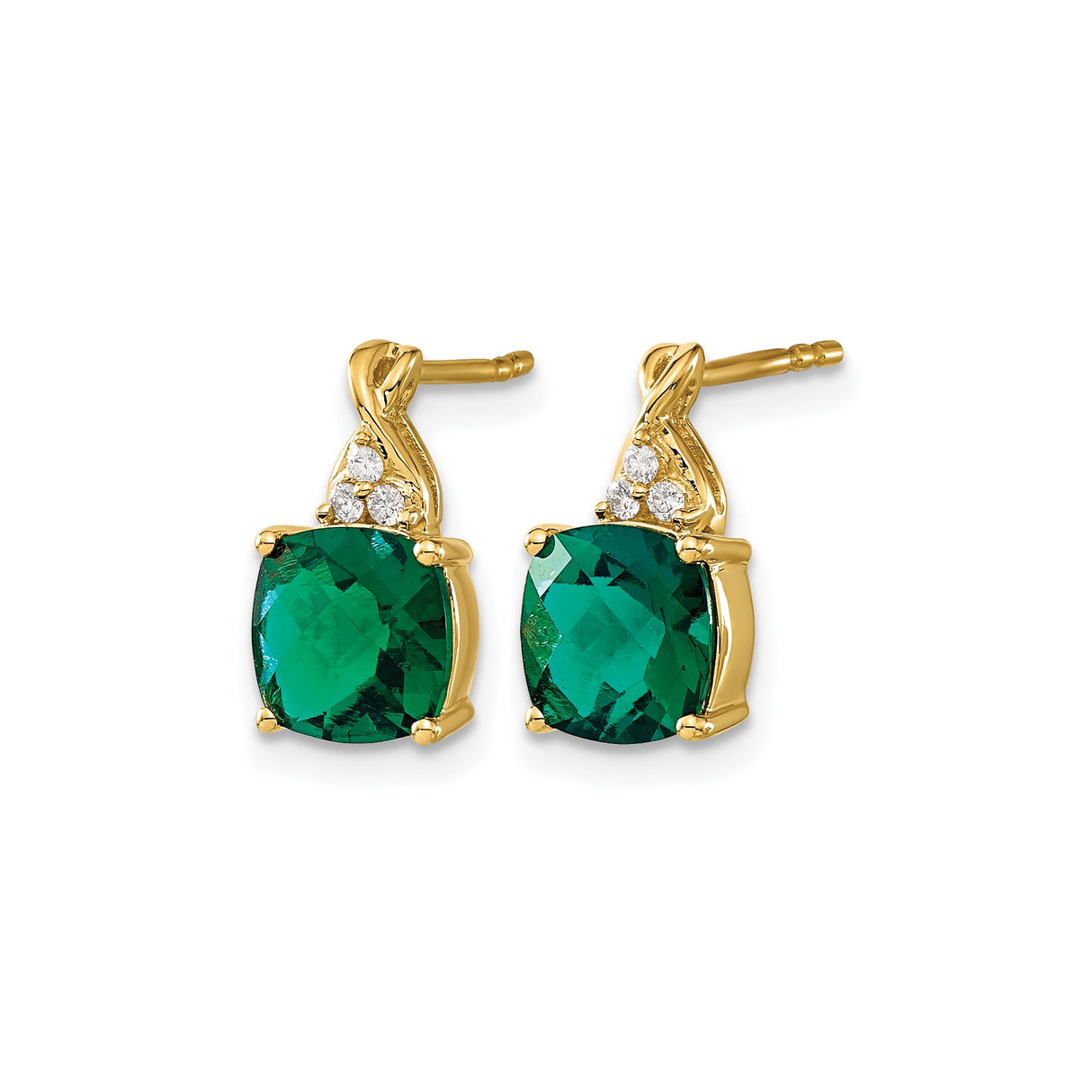 10k Yellow Gold Stud Earrings with Cushion Cut Lab Created Emerald and Diamond Accents