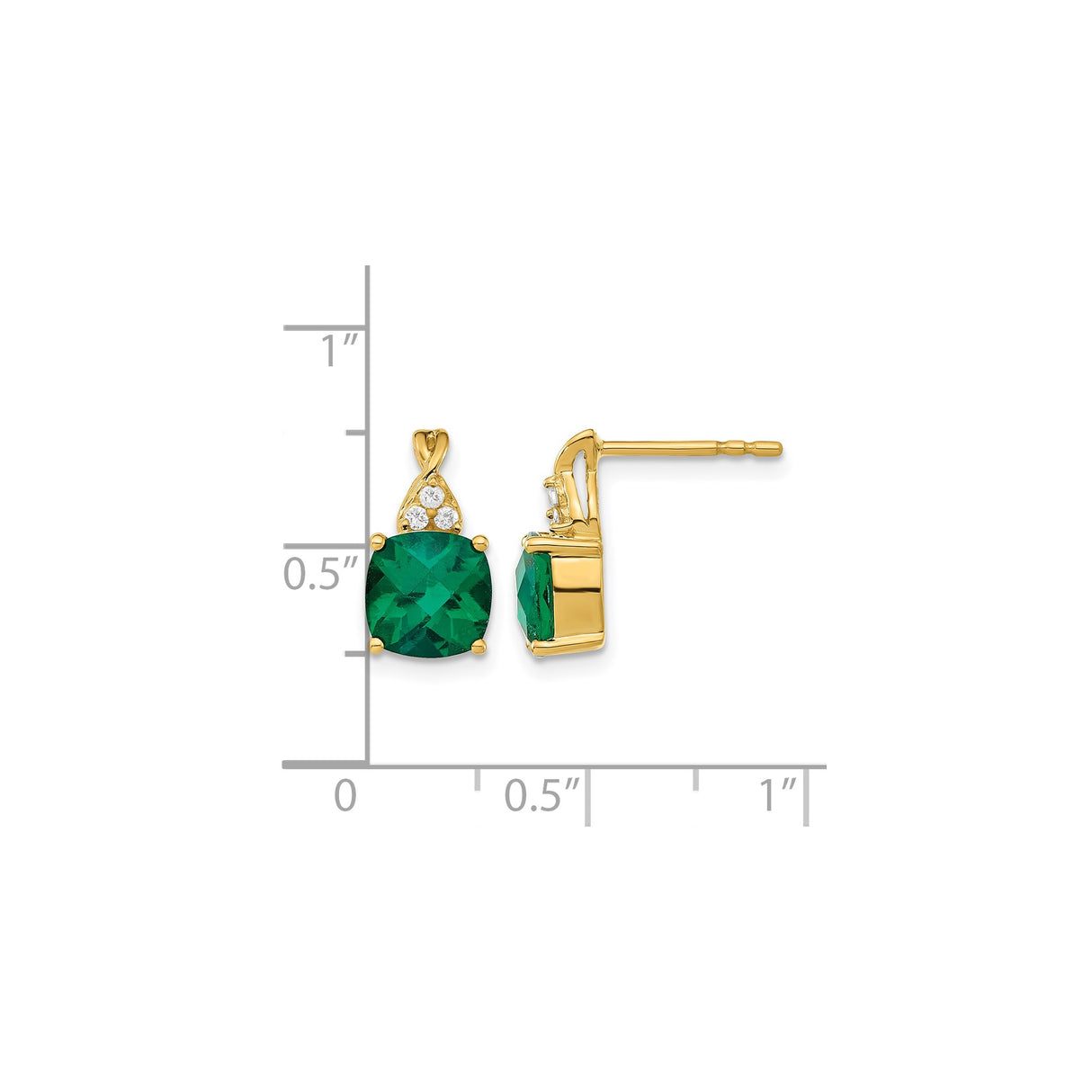 10k Yellow Gold Stud Earrings with Cushion Cut Lab Created Emerald and Diamond Accents