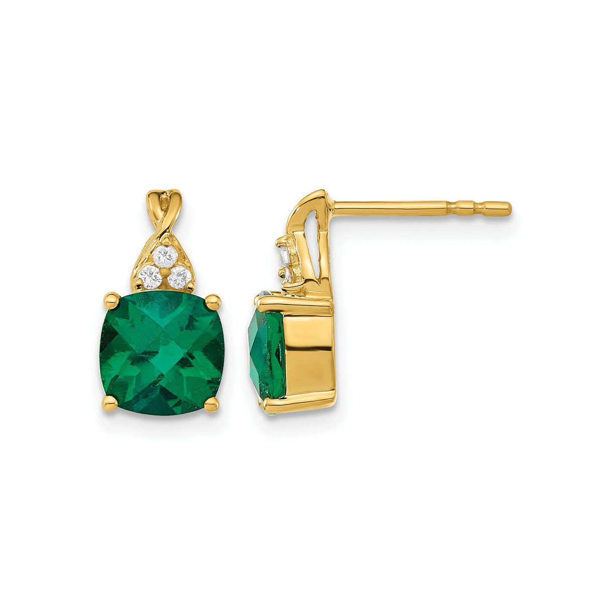 10k Yellow Gold Stud Earrings with Cushion Cut Lab Created Emerald and Diamond Accents