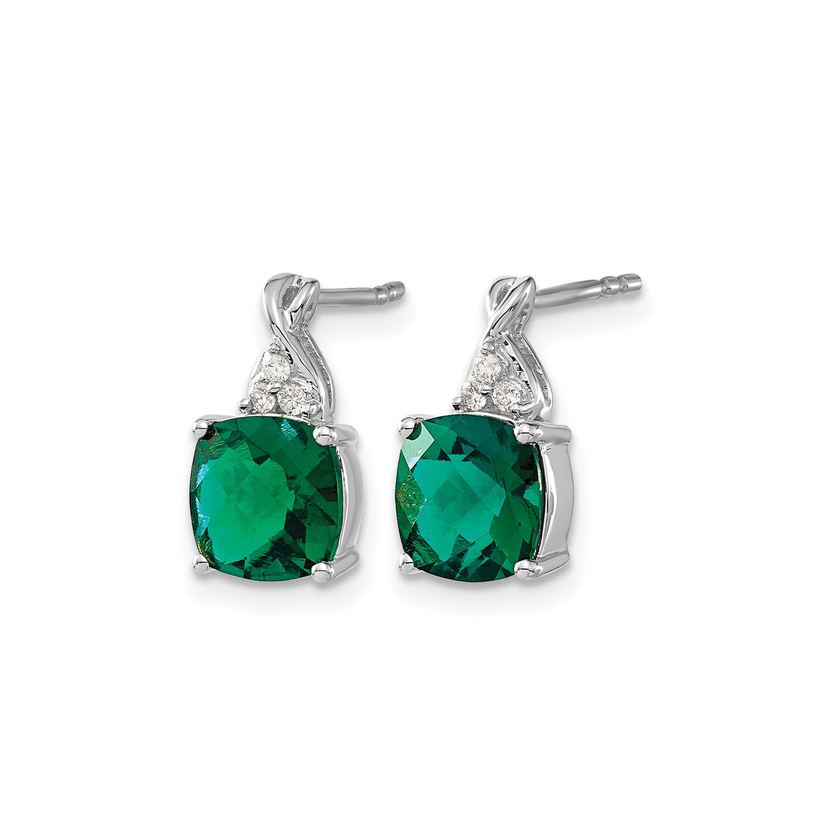 14k White Gold Stud Earrings with Cushion Cut Created Emerald and Diamond Accents
