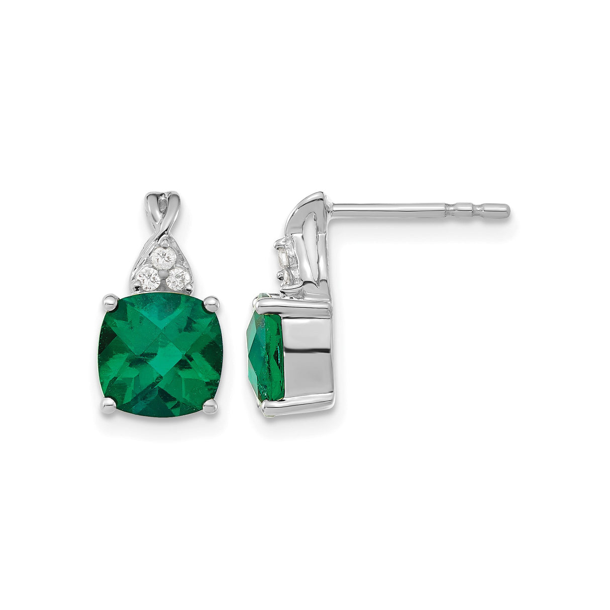 14k White Gold Stud Earrings with Cushion Cut Created Emerald and Diamond Accents