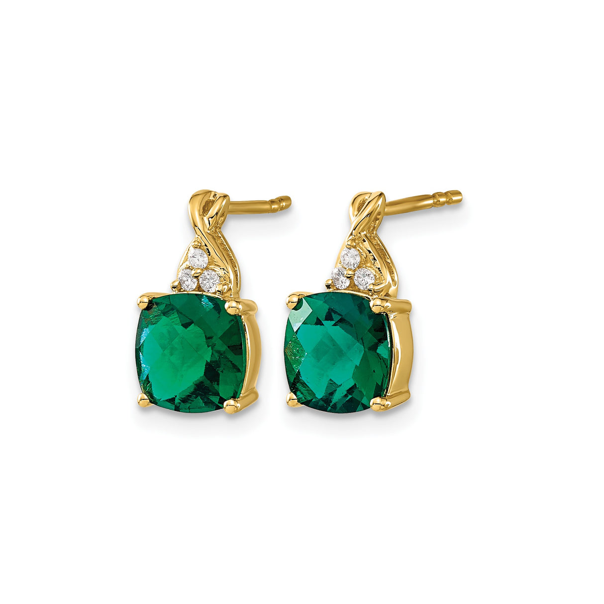 14k Yellow Gold Stud Earrings with Cushion-Cut Created Emerald and Diamond Accents
