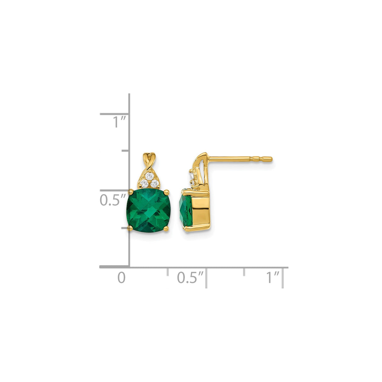 14k Yellow Gold Stud Earrings with Cushion-Cut Created Emerald and Diamond Accents