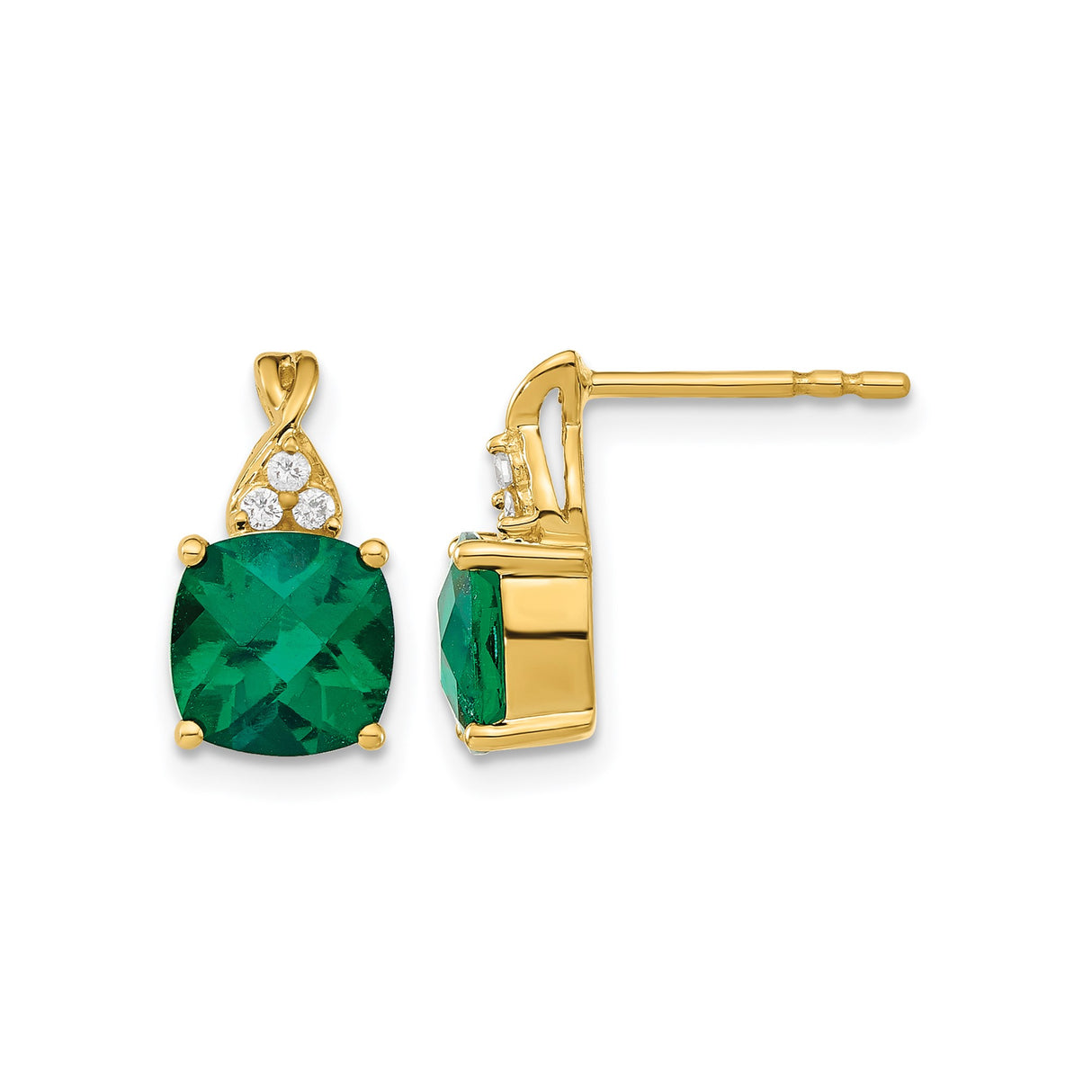 14k Yellow Gold Stud Earrings with Cushion-Cut Created Emerald and Diamond Accents