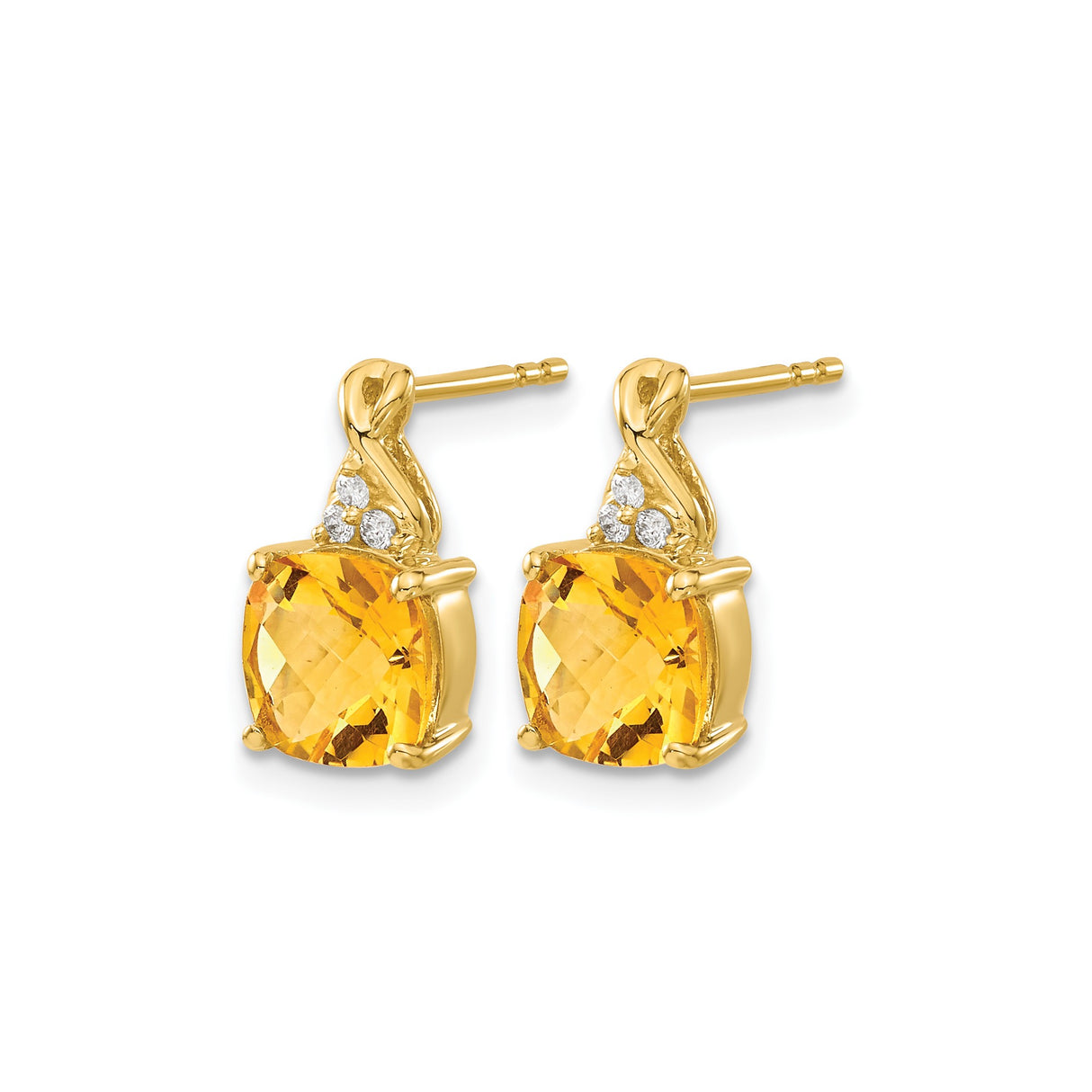 10k Yellow Gold Citrine Stud Earrings with Diamond Accents, Cushion Cut, November Birthstone