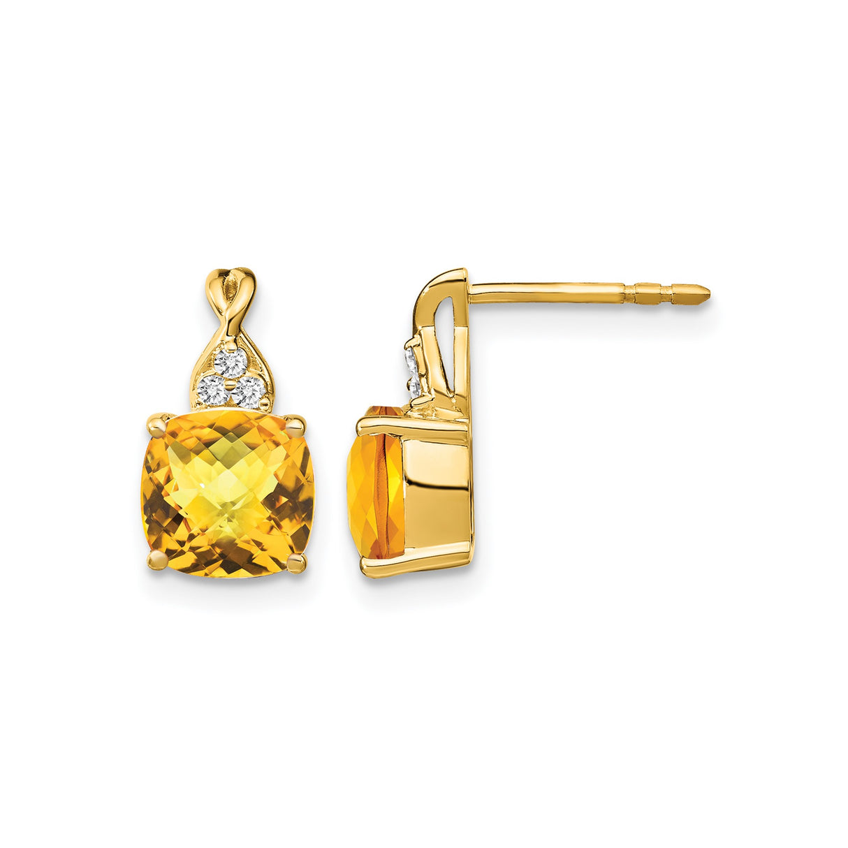 10k Yellow Gold Citrine Stud Earrings with Diamond Accents, Cushion Cut, November Birthstone
