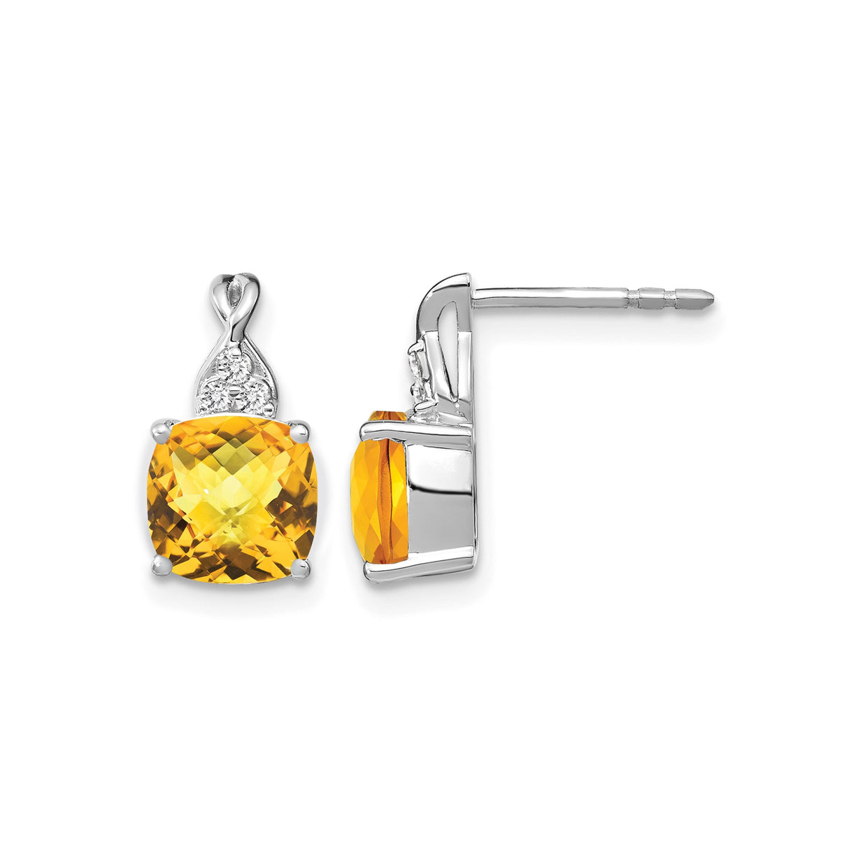 14k White Gold Stud Earrings with Cushion Cut Citrine and Diamond Accents, Modern Minimalist Design