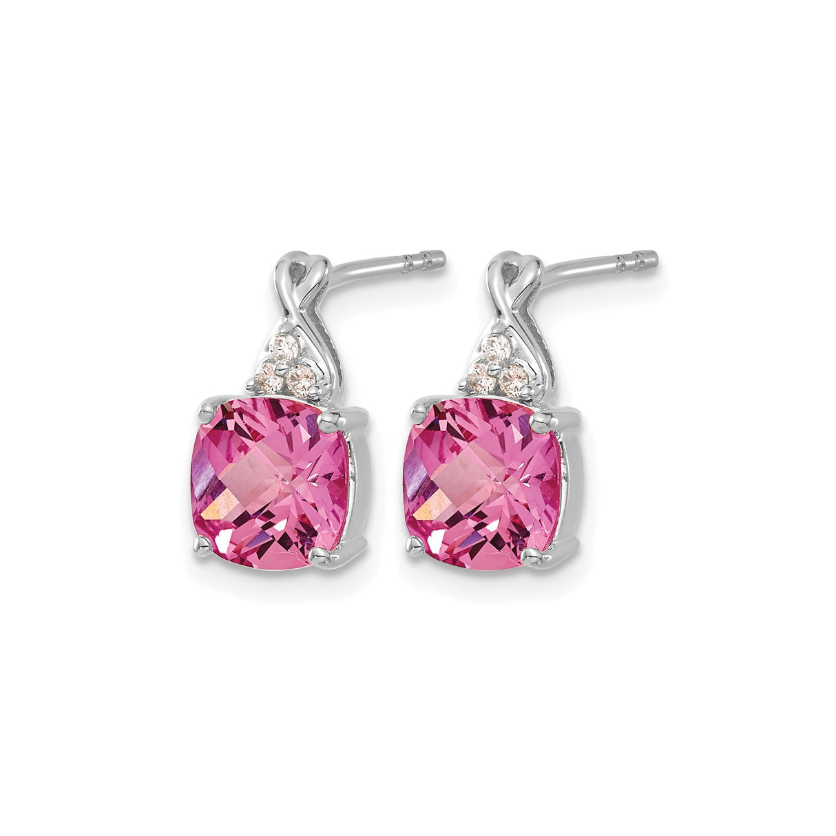 14k White Gold Stud Earrings with Cushion Cut Lab-Created Pink Sapphire and Diamond Accents