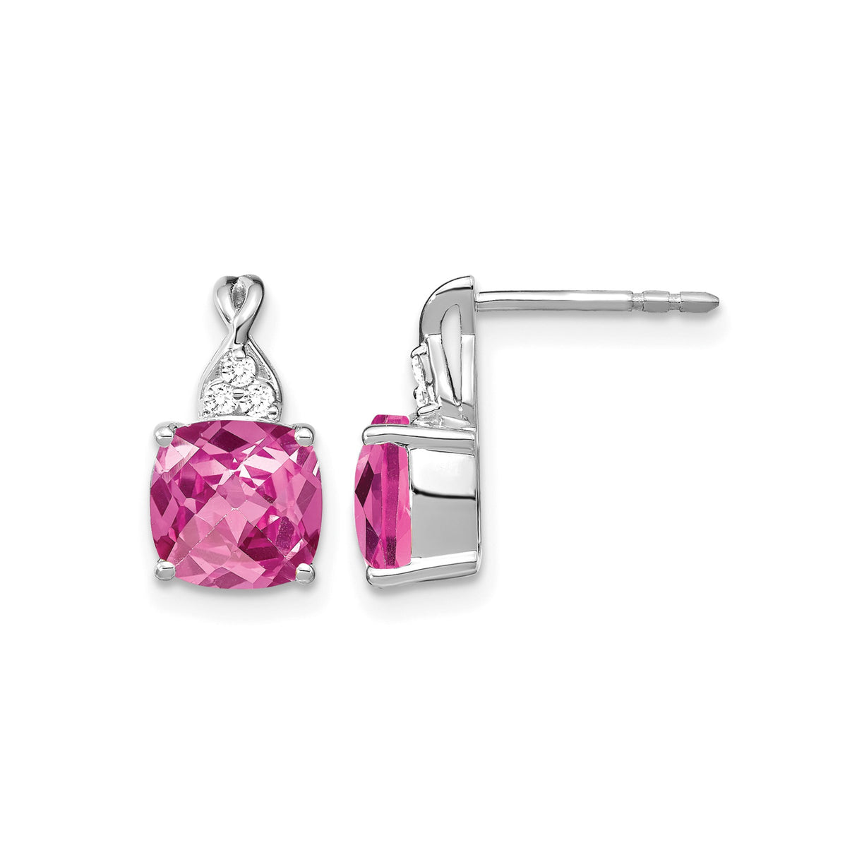 14k White Gold Stud Earrings with Cushion Cut Lab-Created Pink Sapphire and Diamond Accents
