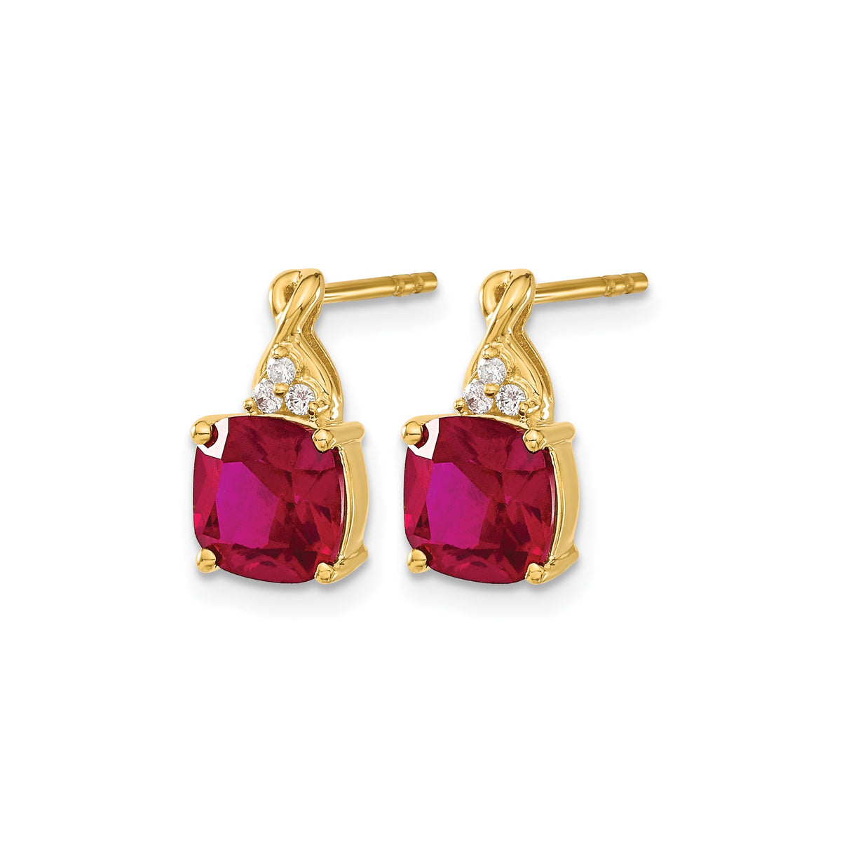 10k Yellow Gold Stud Earrings with Cushion Cut Created Ruby and Diamond Accents