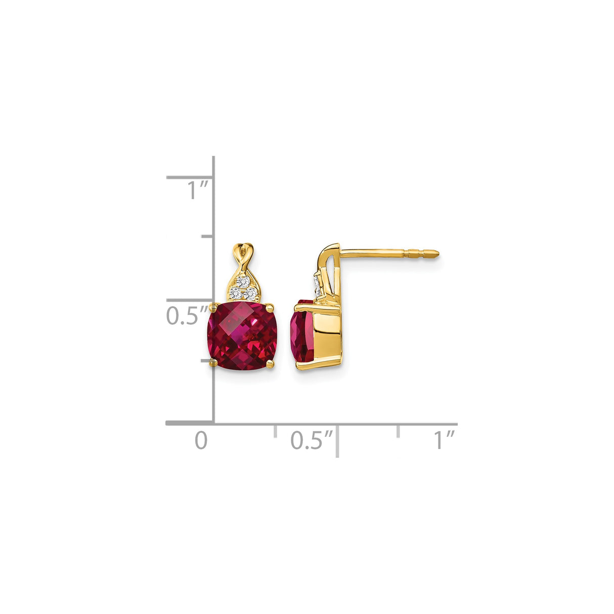 10k Yellow Gold Stud Earrings with Cushion Cut Created Ruby and Diamond Accents