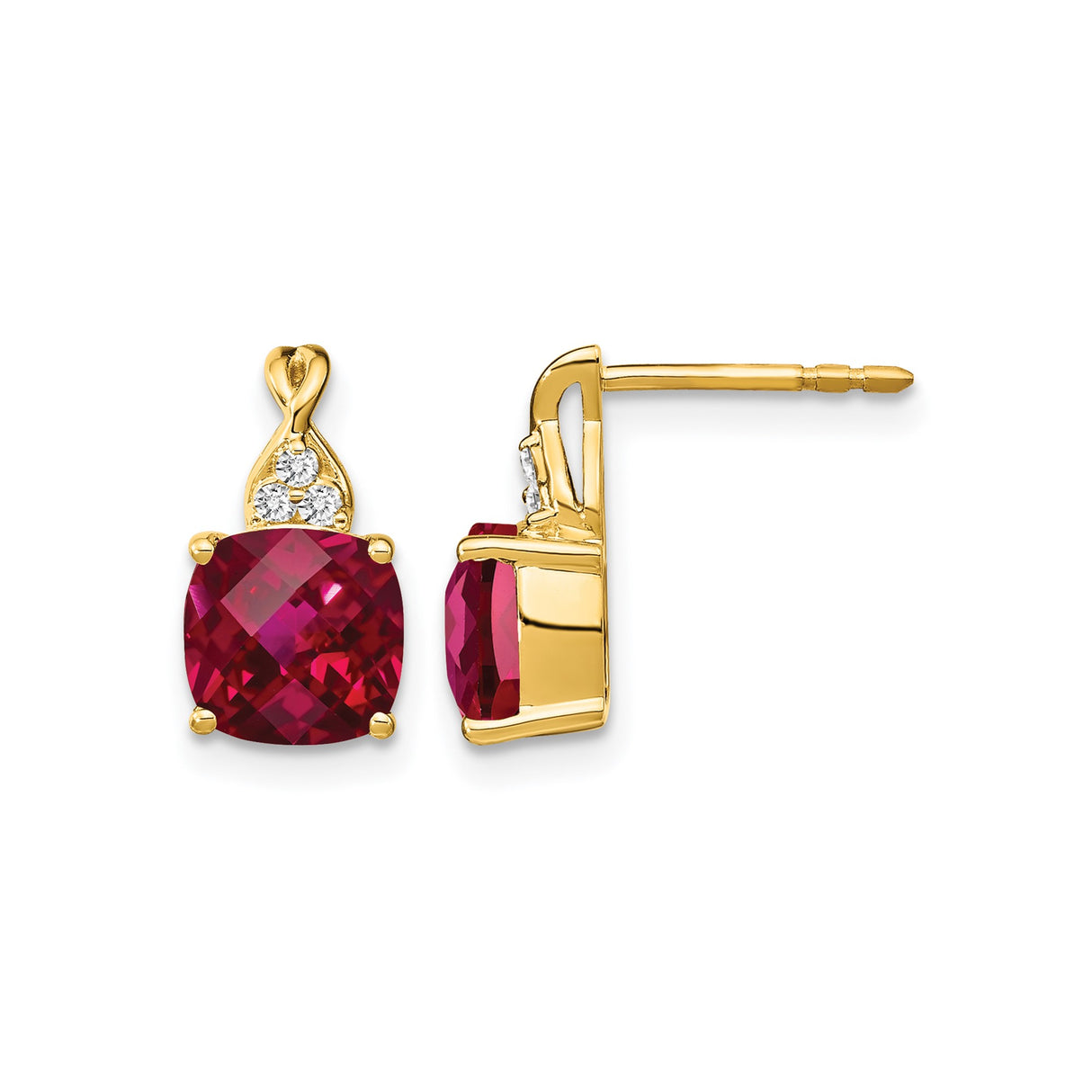 10k Yellow Gold Stud Earrings with Cushion Cut Created Ruby and Diamond Accents