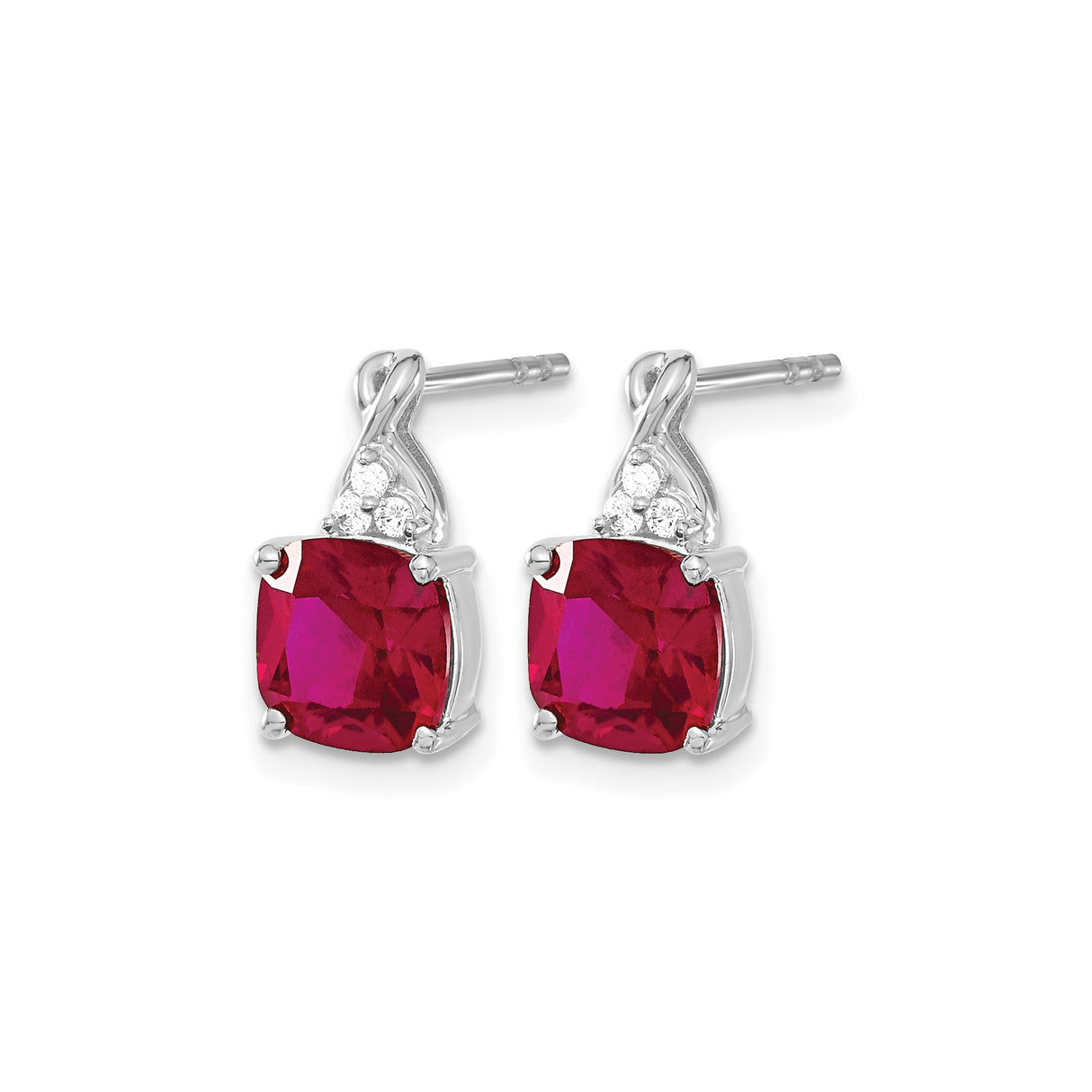 14k White Gold Drop Earrings with Cushion Cut Created Ruby and Diamond Accents for Women