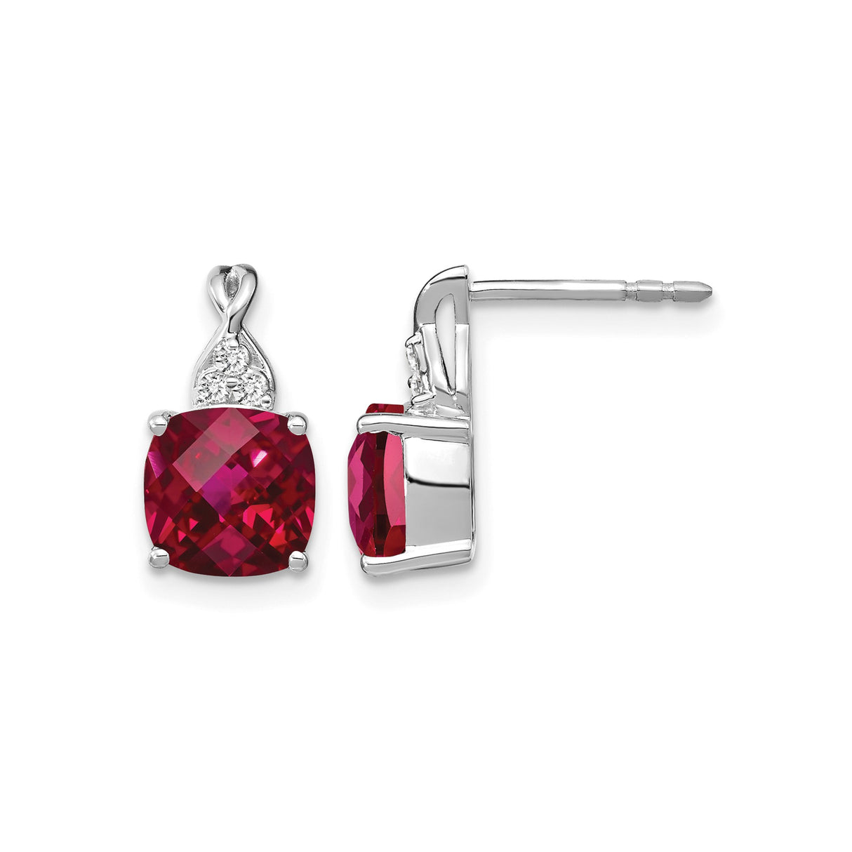 14k White Gold Drop Earrings with Cushion Cut Created Ruby and Diamond Accents for Women