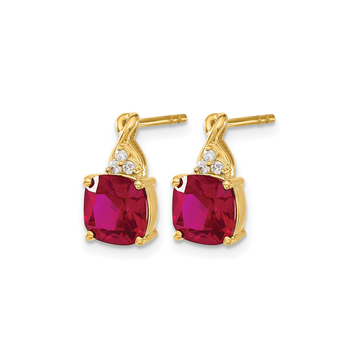 14k Yellow Gold Ruby and Diamond Stud Earrings, Cushion Cut Gemstone, Classic Style for Women