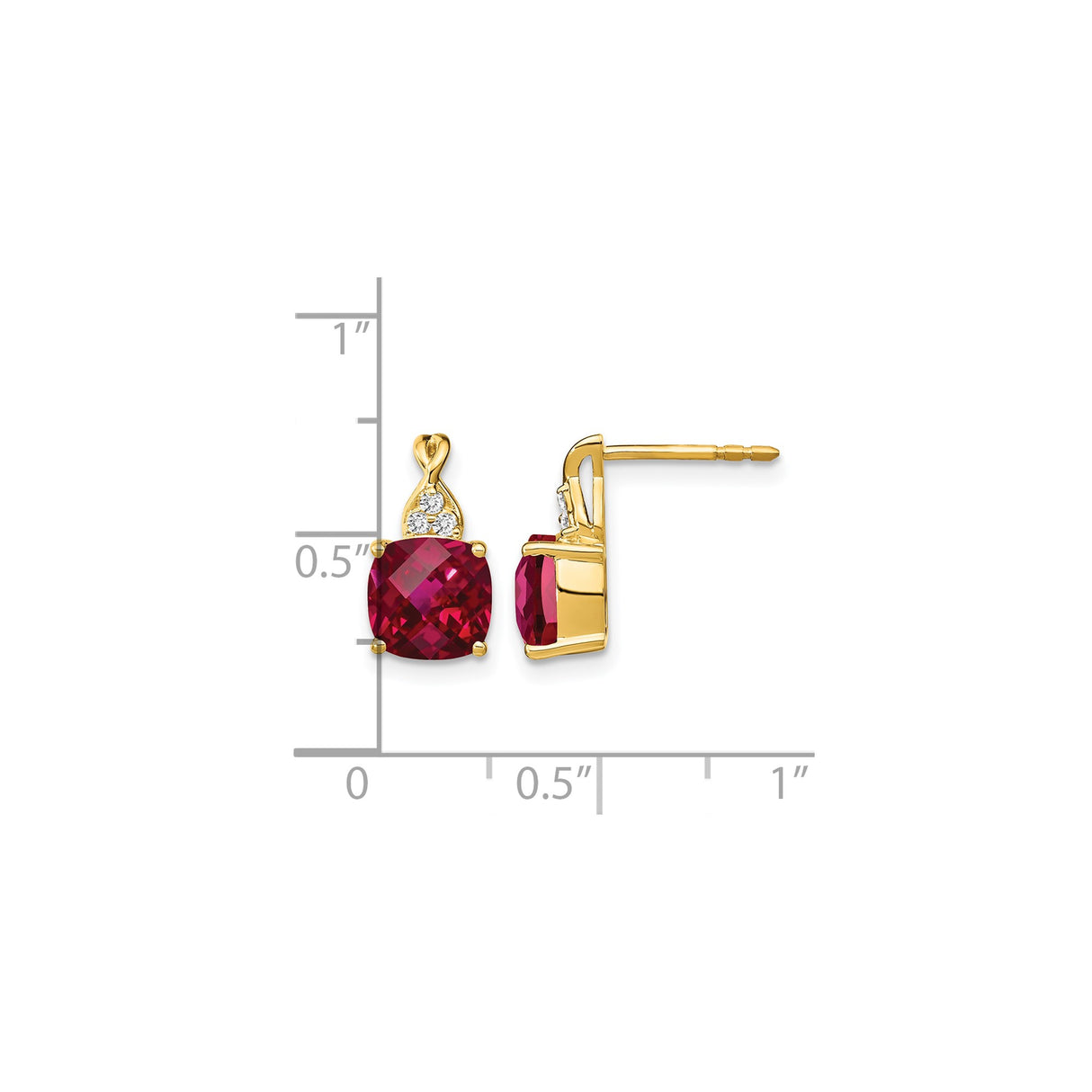 14k Yellow Gold Ruby and Diamond Stud Earrings, Cushion Cut Gemstone, Classic Style for Women