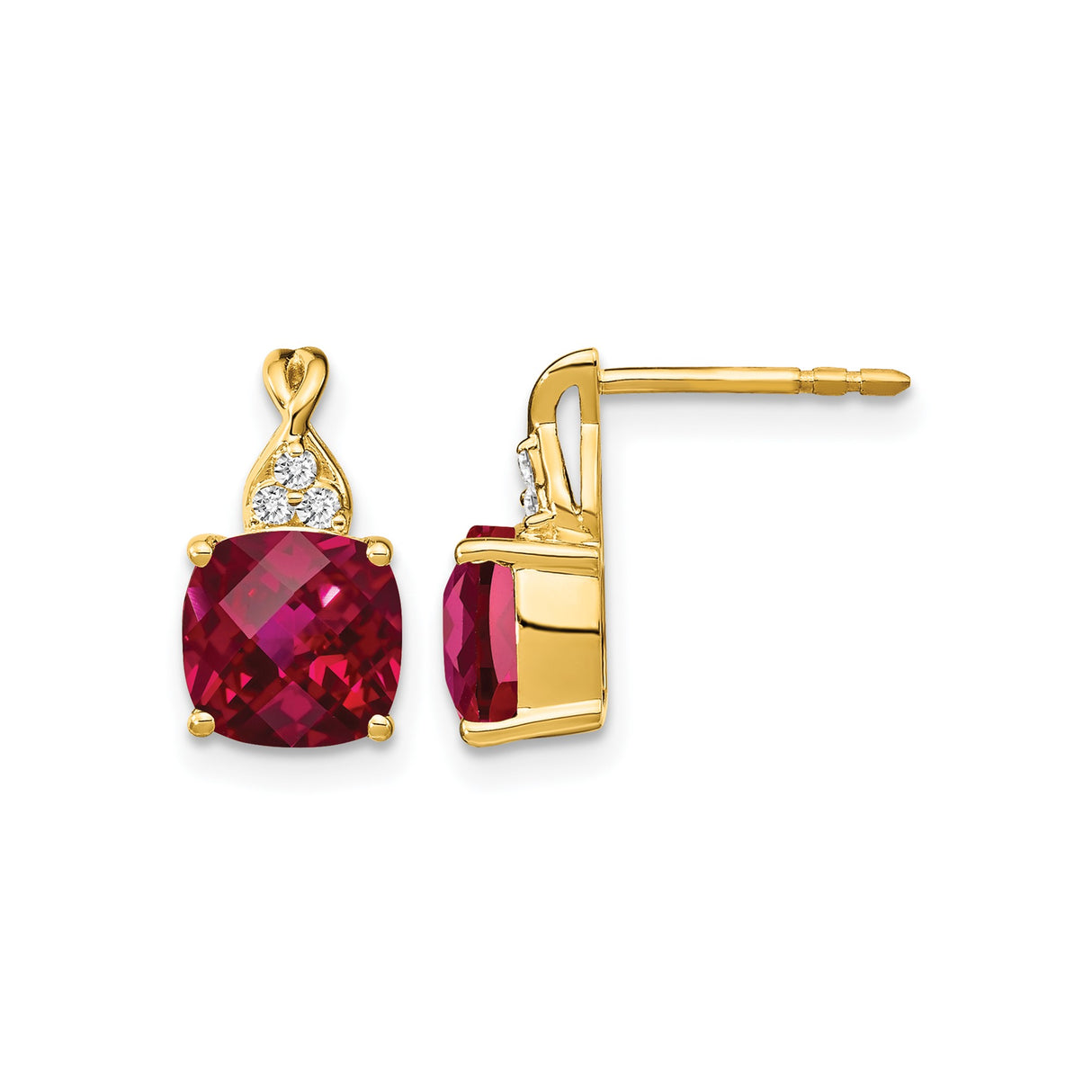 14k Yellow Gold Ruby and Diamond Stud Earrings, Cushion Cut Gemstone, Classic Style for Women