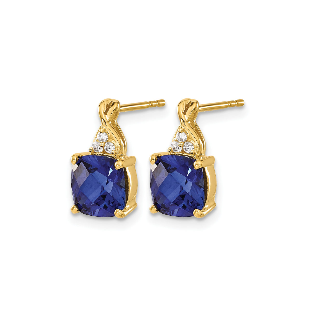 10k Yellow Gold Stud Earrings with Created Sapphire and Diamond Accents, Cushion Cut Design