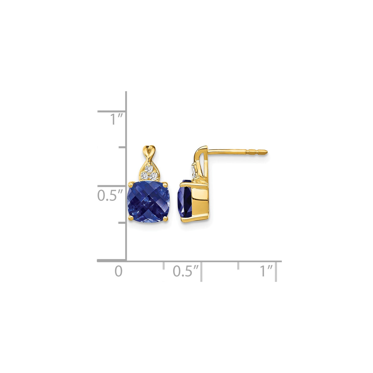 10k Yellow Gold Stud Earrings with Created Sapphire and Diamond Accents, Cushion Cut Design