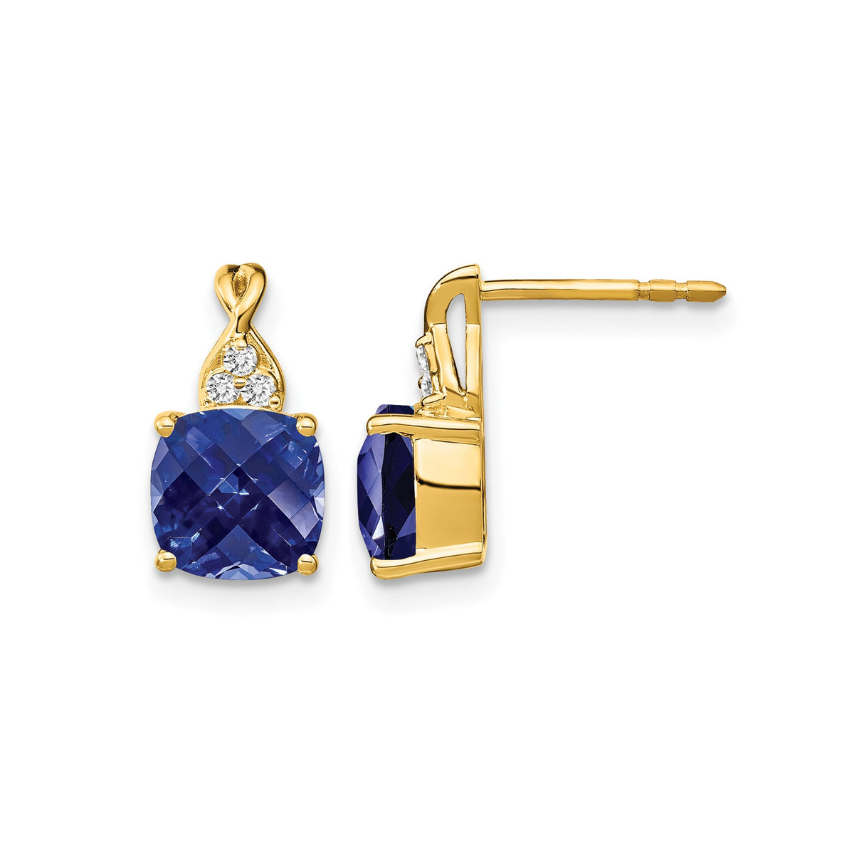 10k Yellow Gold Stud Earrings with Created Sapphire and Diamond Accents, Cushion Cut Design