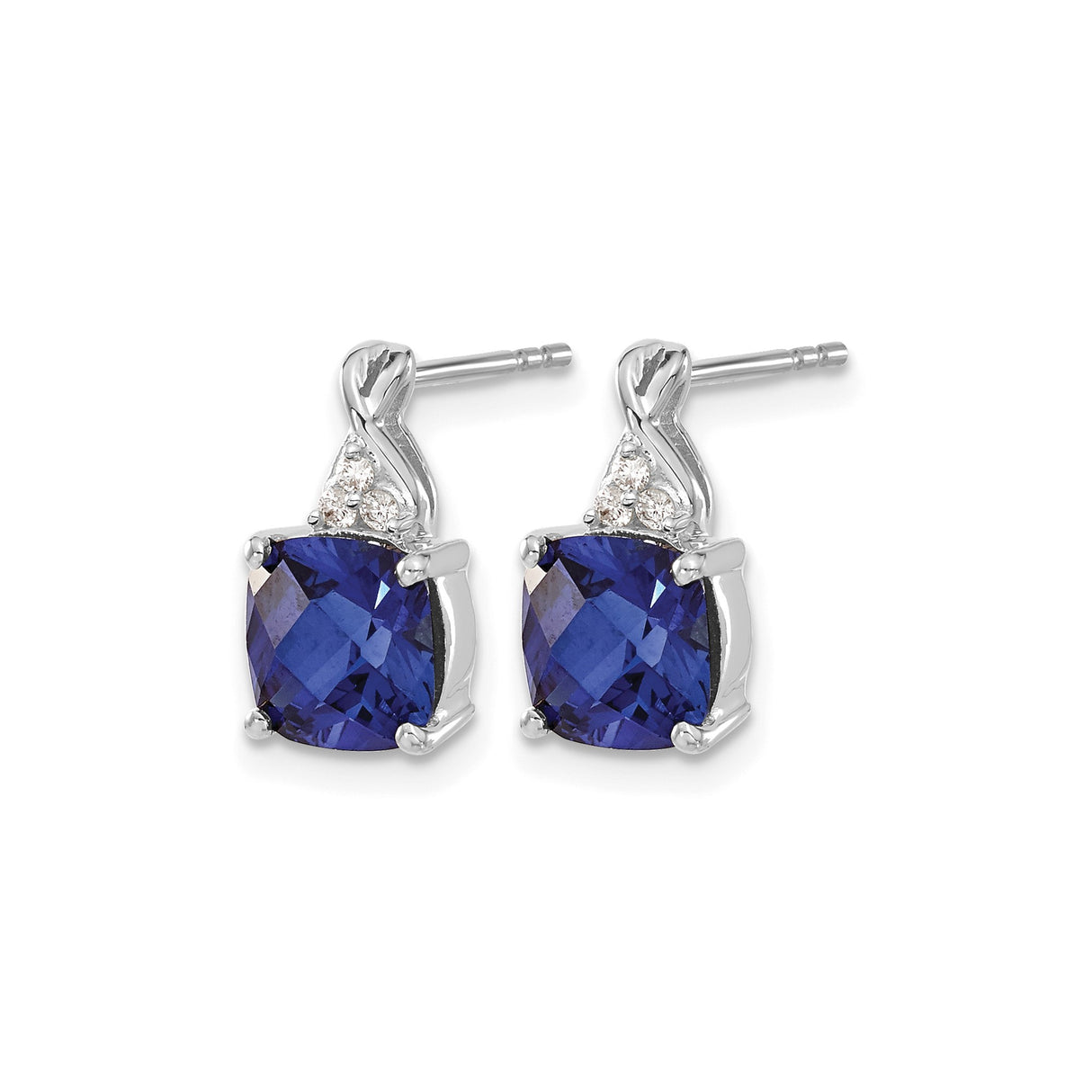 14k White Gold Stud Earrings with Cushion Cut Created Sapphire and Diamond Accents