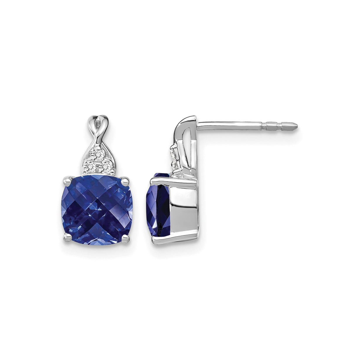 14k White Gold Stud Earrings with Cushion Cut Created Sapphire and Diamond Accents