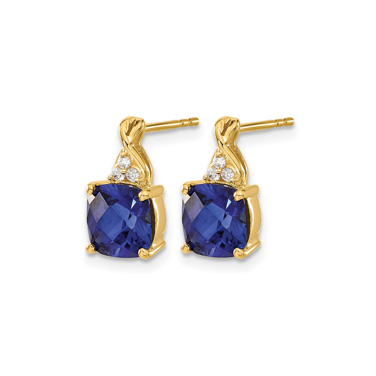 14k Yellow Gold Stud Earrings with Cushion Cut Created Sapphires and Diamond Accents