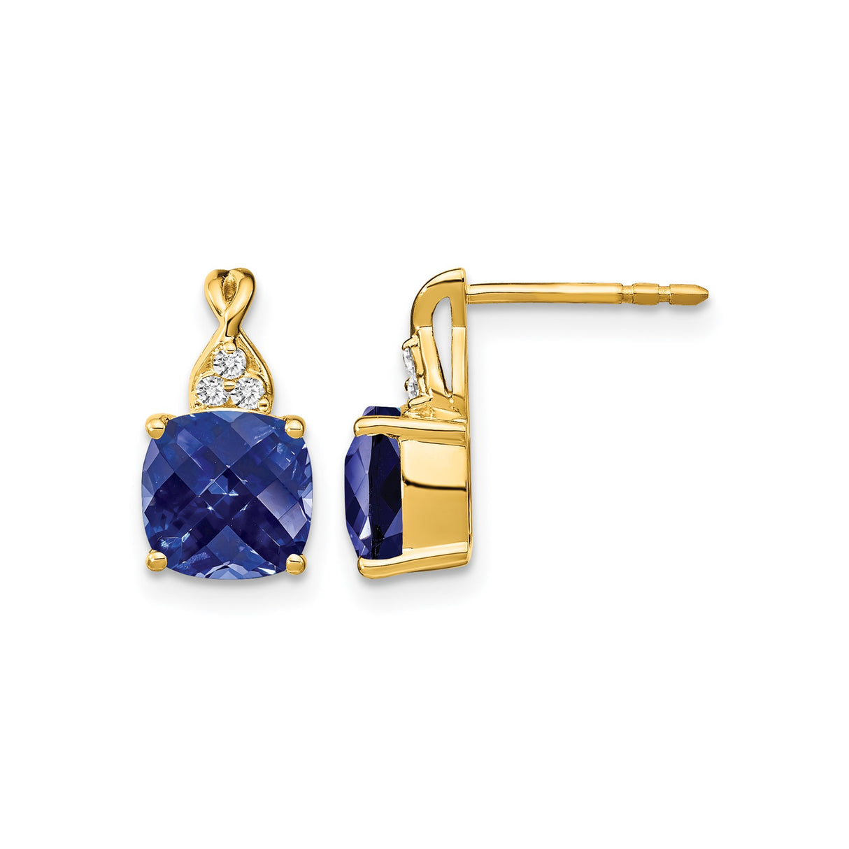 14k Yellow Gold Stud Earrings with Cushion Cut Created Sapphires and Diamond Accents