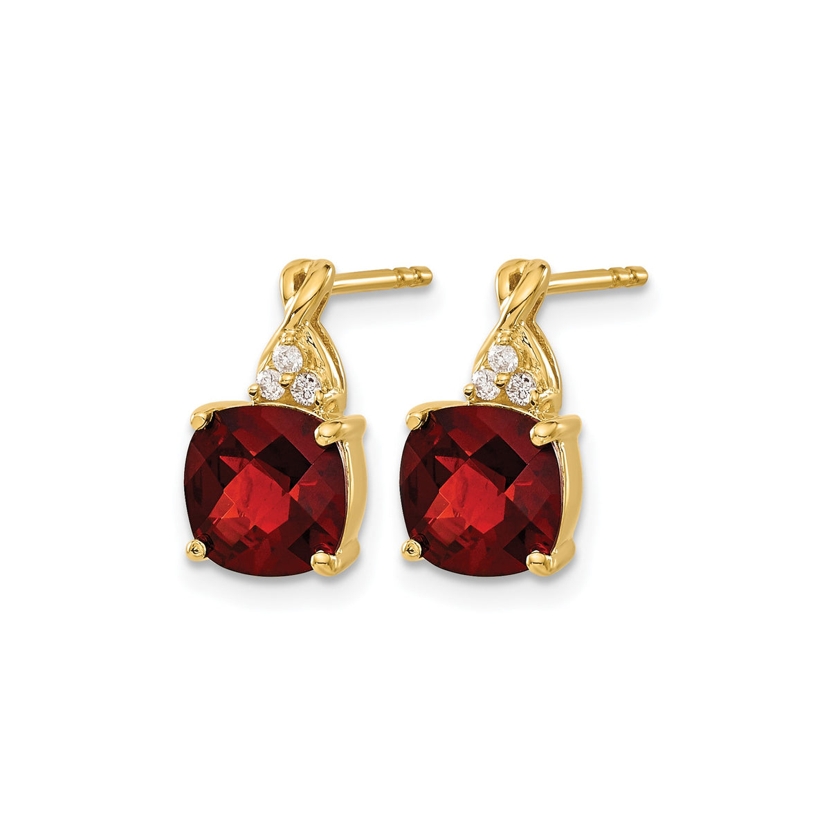 10k Yellow Gold Garnet Stud Earrings with Diamond Accents, Cushion Cut, January Birthstone