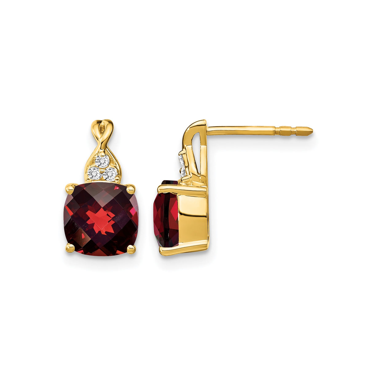 10k Yellow Gold Garnet Stud Earrings with Diamond Accents, Cushion Cut, January Birthstone