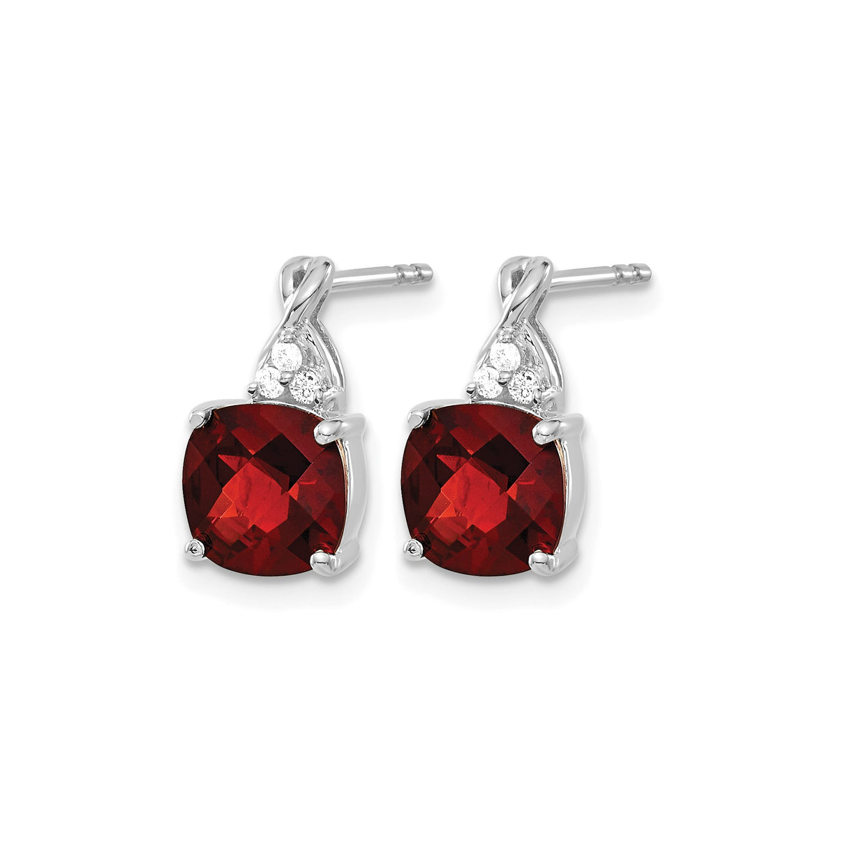 14k White Gold Garnet Stud Earrings with Diamond Accents, Cushion Cut, January Birthstone