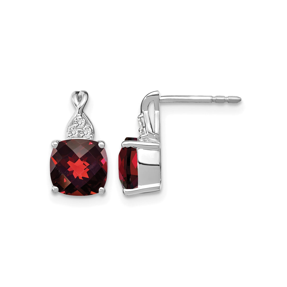 14k White Gold Garnet Stud Earrings with Diamond Accents, Cushion Cut, January Birthstone