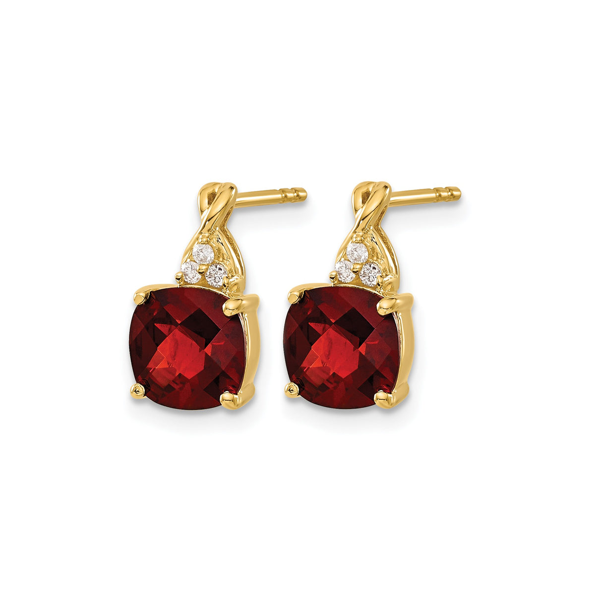 14k Yellow Gold Stud Earrings with Cushion Cut Garnet and Diamond Accents, Loop Design