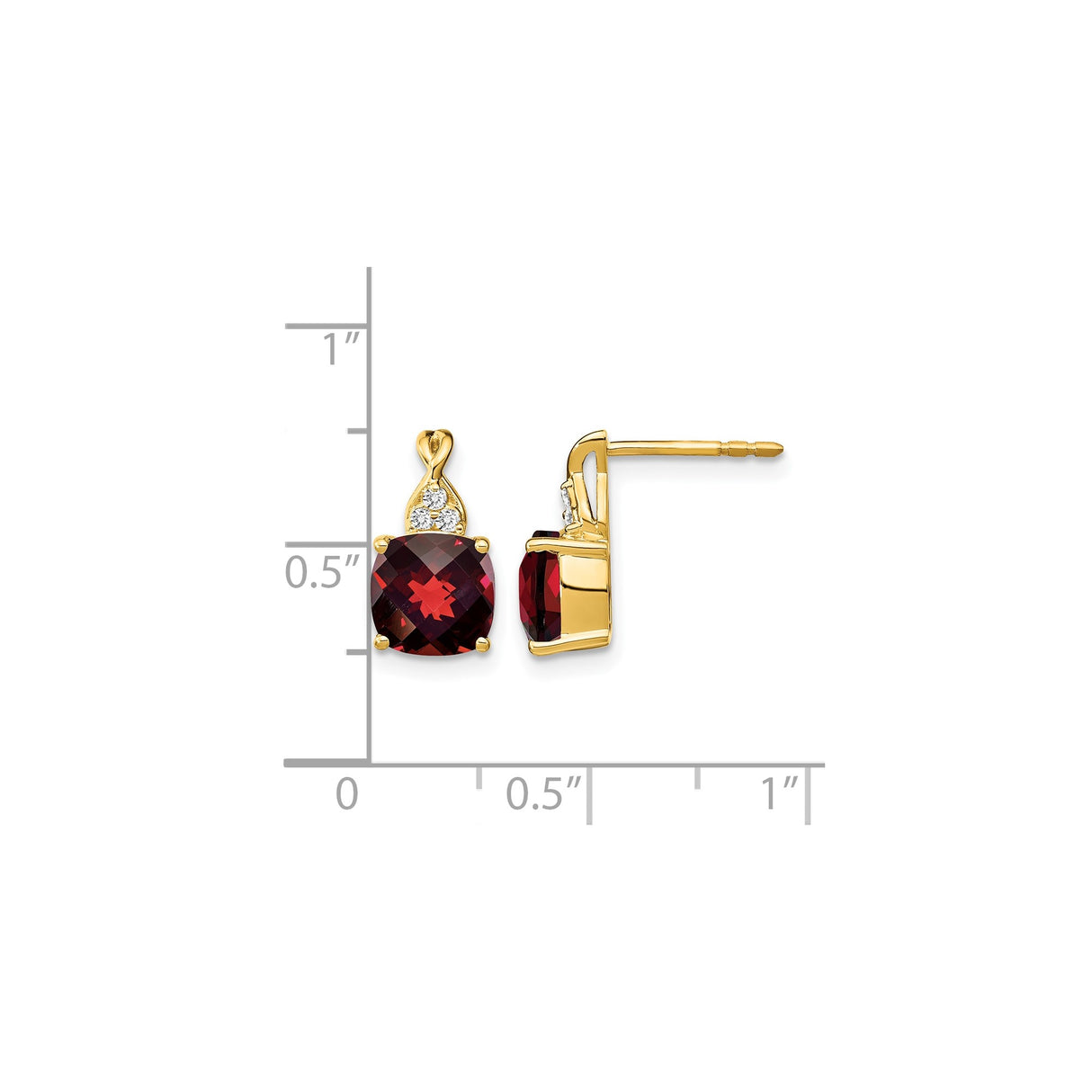 14k Yellow Gold Stud Earrings with Cushion Cut Garnet and Diamond Accents, Loop Design
